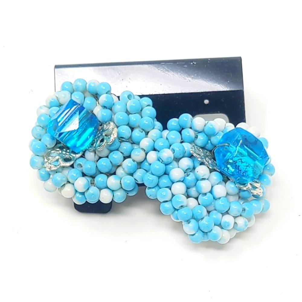 Vintage 60's beaded earrings clip-on blue Japan mid century‎